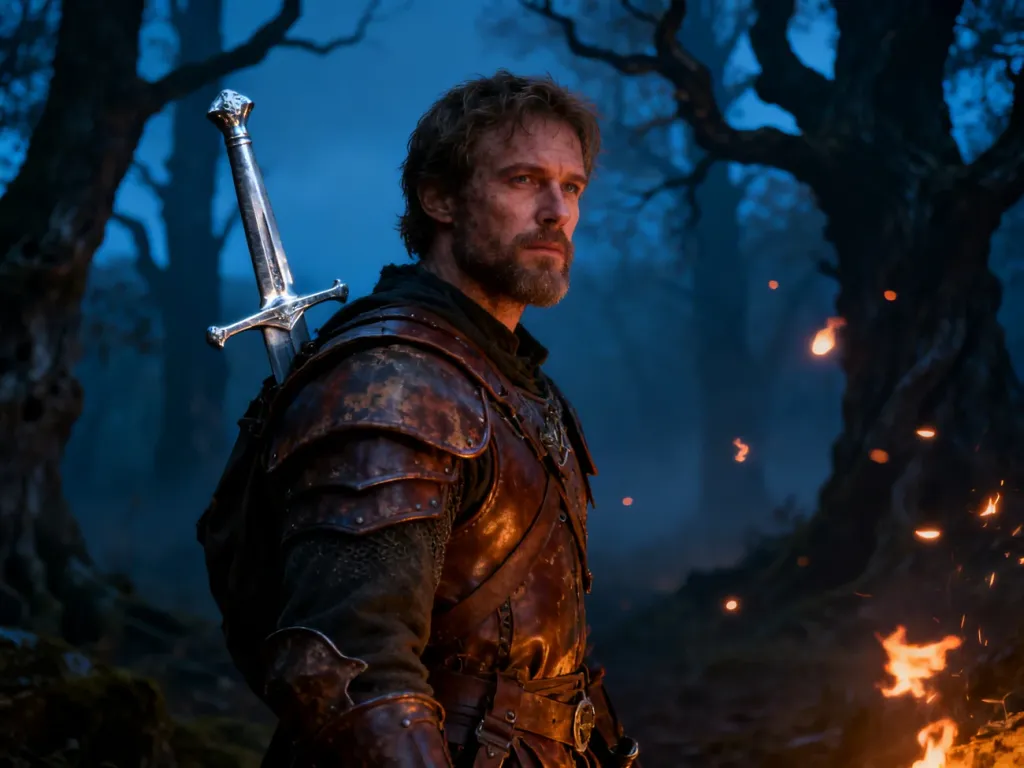 Geralt z Rivii w zbroi z mieczem na plecach, stojący w mrocznym, magicznym lesie o zmierzchu.