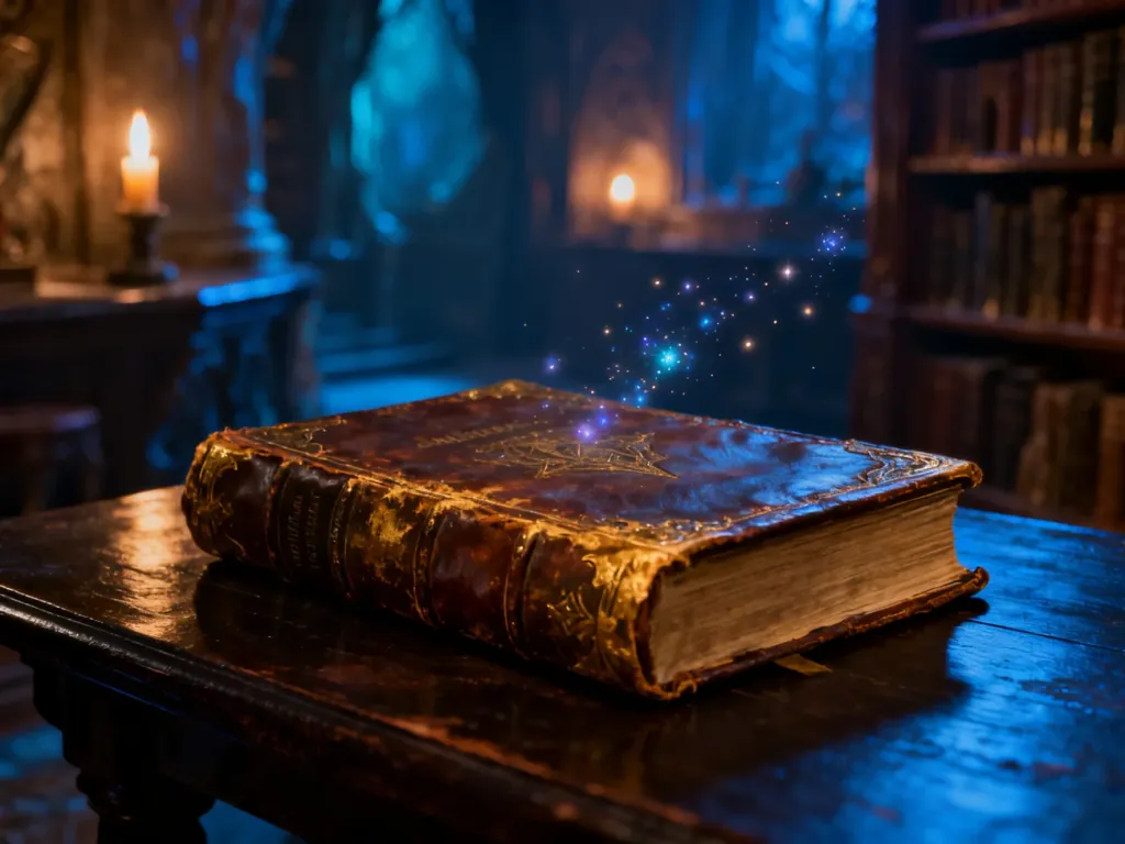 Stara, skórzana księga fantasy na drewnianym stole w klimatycznej, magicznej bibliotece.