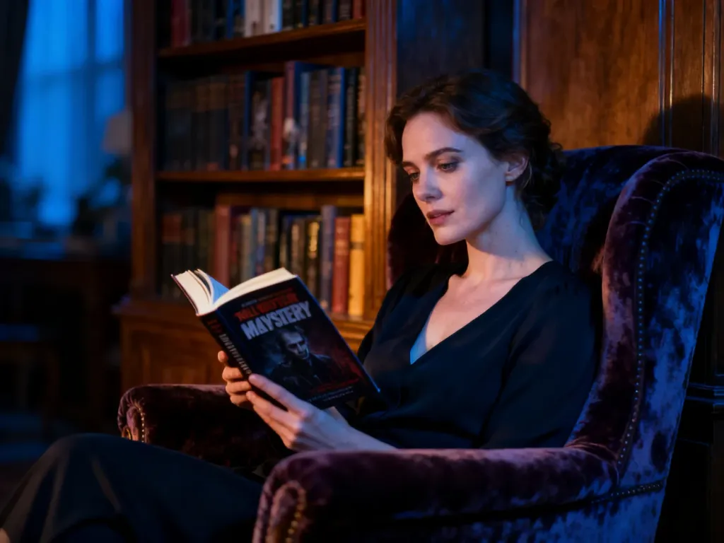 Kobieta w przytulnej biblioteczce czyta thriller, co podkreśla mroczny i tajemniczy klimat książek Freidy McFadden.