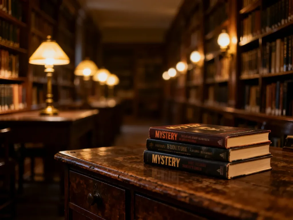 Stos książek kryminalnych na drewnianym biurku w przytulnej bibliotece, zachęcający do lektury powieści Ireny Małysy.
