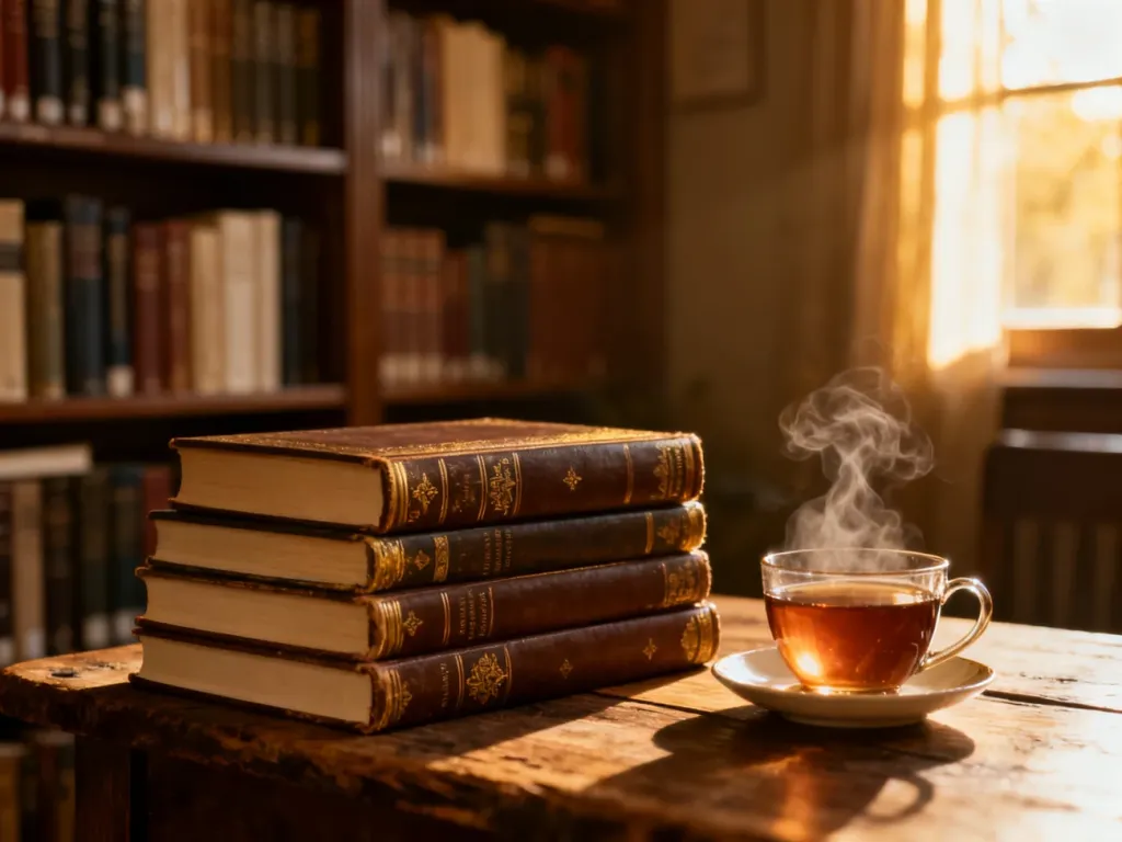 Stos książek na drewnianym stole przy filiżance herbaty w przytulnym, słonecznym wnętrzu biblioteki.