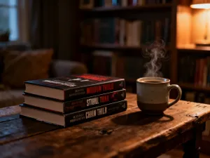 Mężczyzna czytający książkę w przytulnej bibliotece z regałami pełnymi literatury w tle.