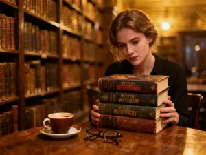 Mężczyzna czytający książkę w przytulnej bibliotece, otoczony regałami z literaturą.