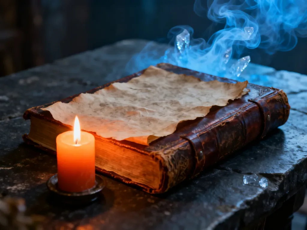 Stara księga w skórzanej oprawie przy świecy i błękitnej mgle, symbolizująca kontrast lodu i ognia w sadze fantasy.